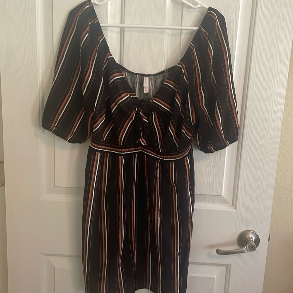 Xhilaration XL Black & Brown Striped V Neck Front Tie Mini Dress - Picture 2 of 5